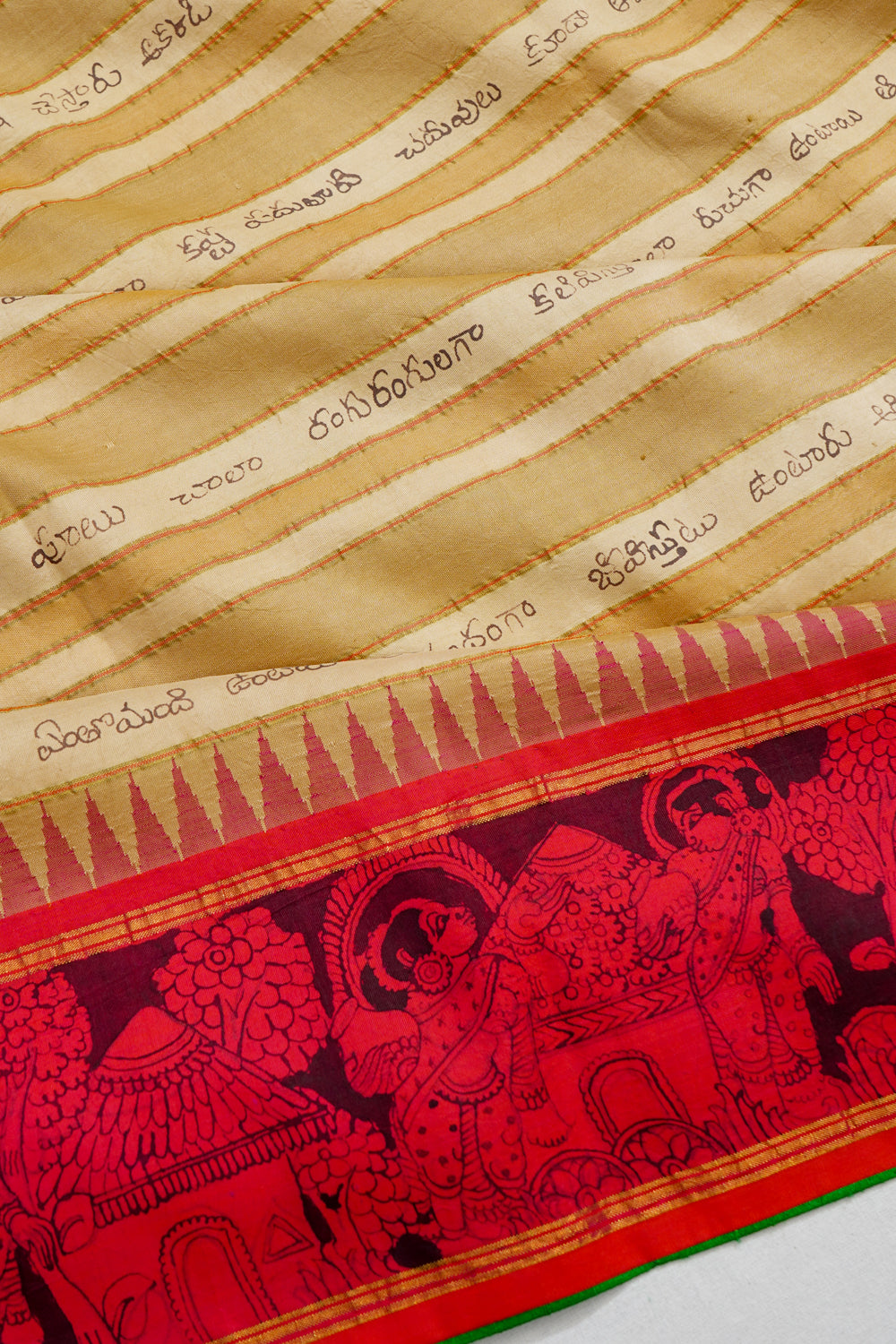 Kanchipuram Silk Handpainted Kalamkari Ramayanam Cream Saree