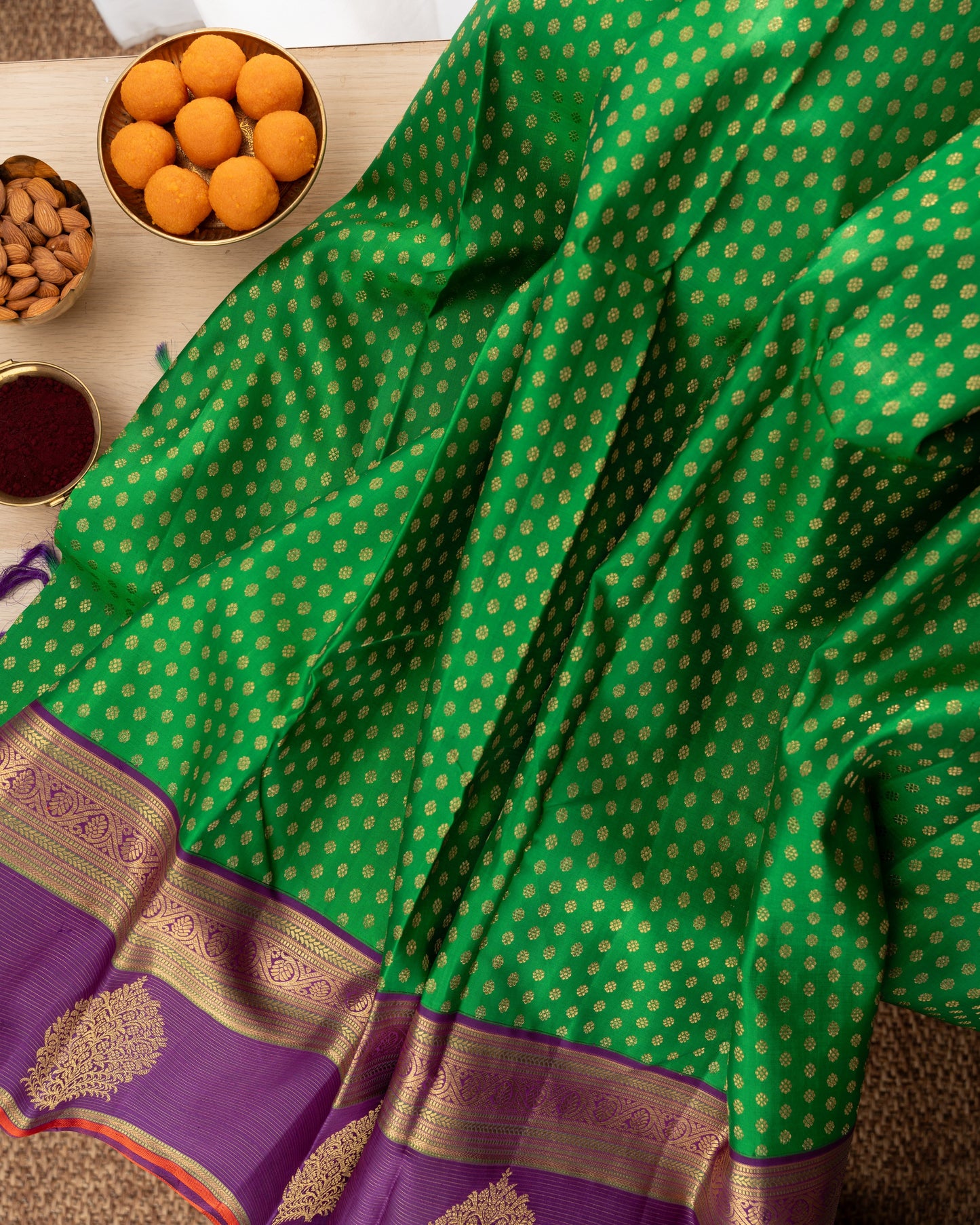 Kanchipuram Silk Brocade Green Saree With Rakhi and Gift Box