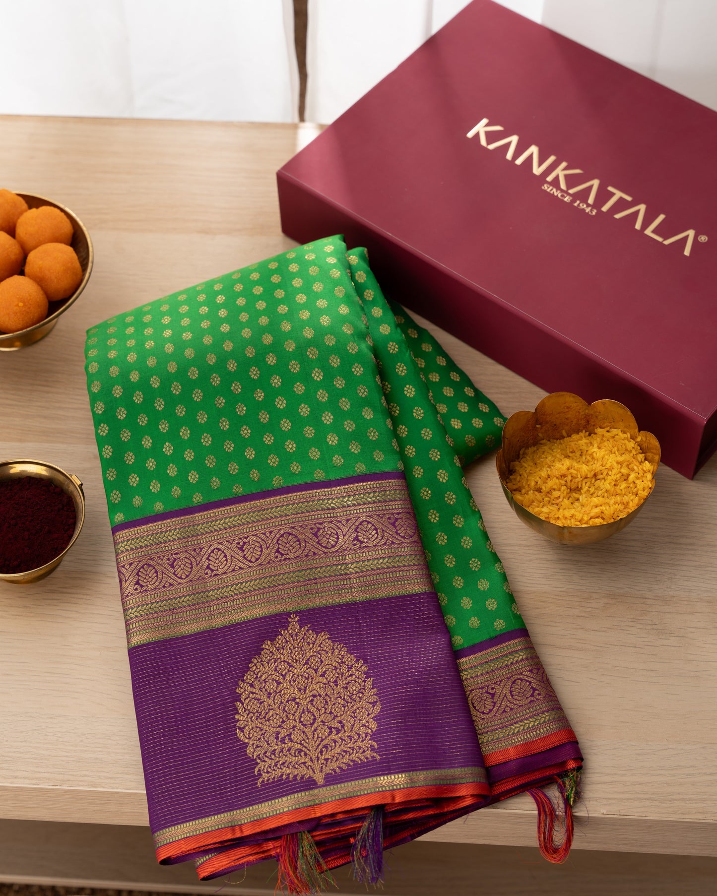 Kanchipuram Silk Brocade Green Saree With Rakhi and Gift Box