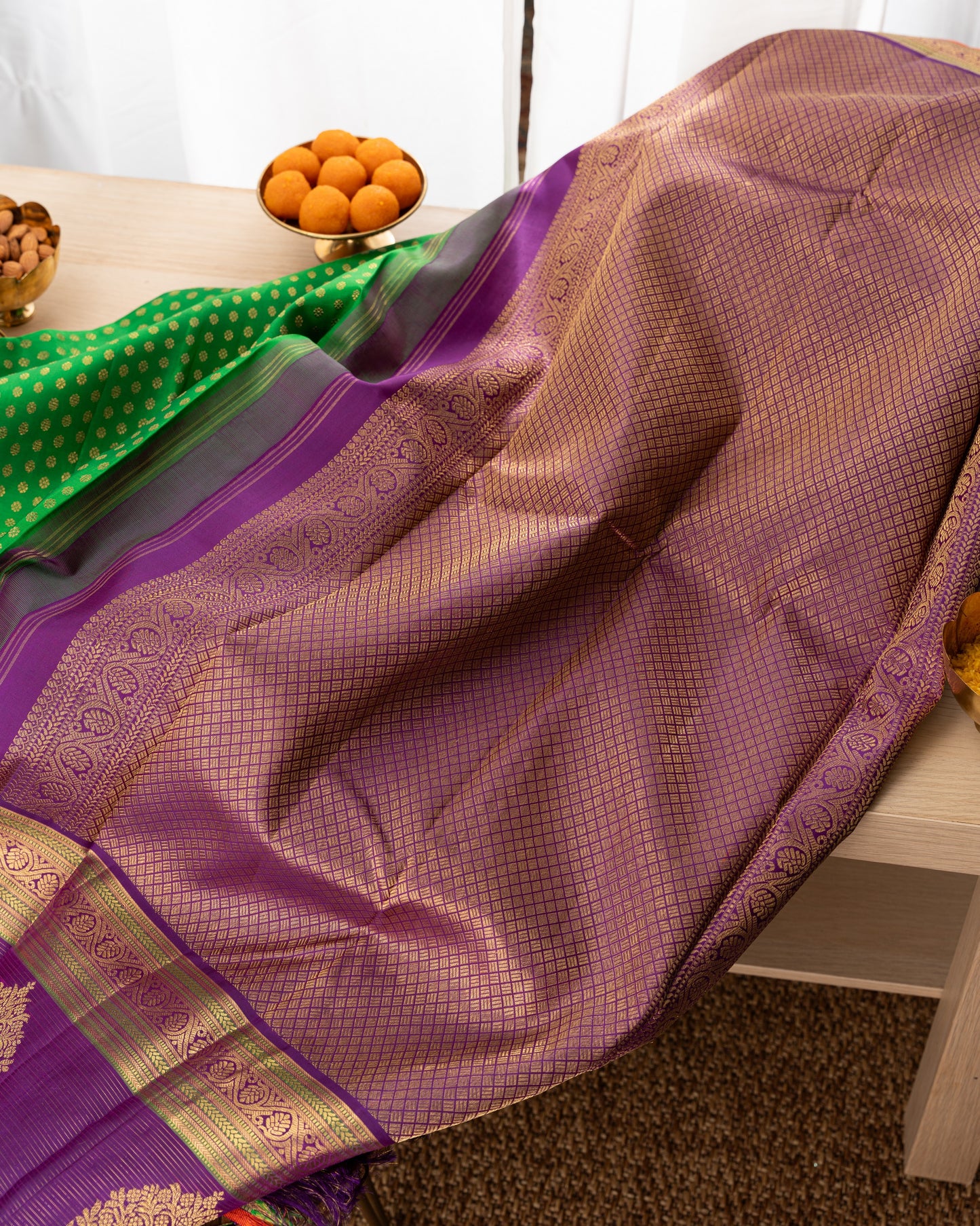 Kanchipuram Silk Brocade Green Saree With Rakhi and Gift Box