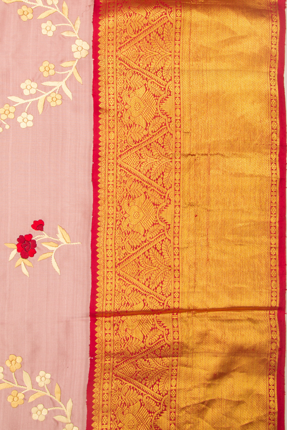 Kanchipuram Silk Parsi Gara Embroidery Baby Pink Saree