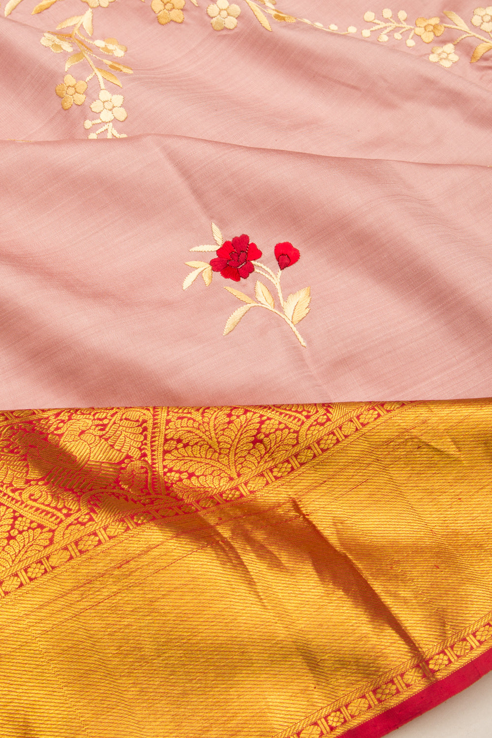 Kanchipuram Silk Parsi Gara Embroidery Baby Pink Saree