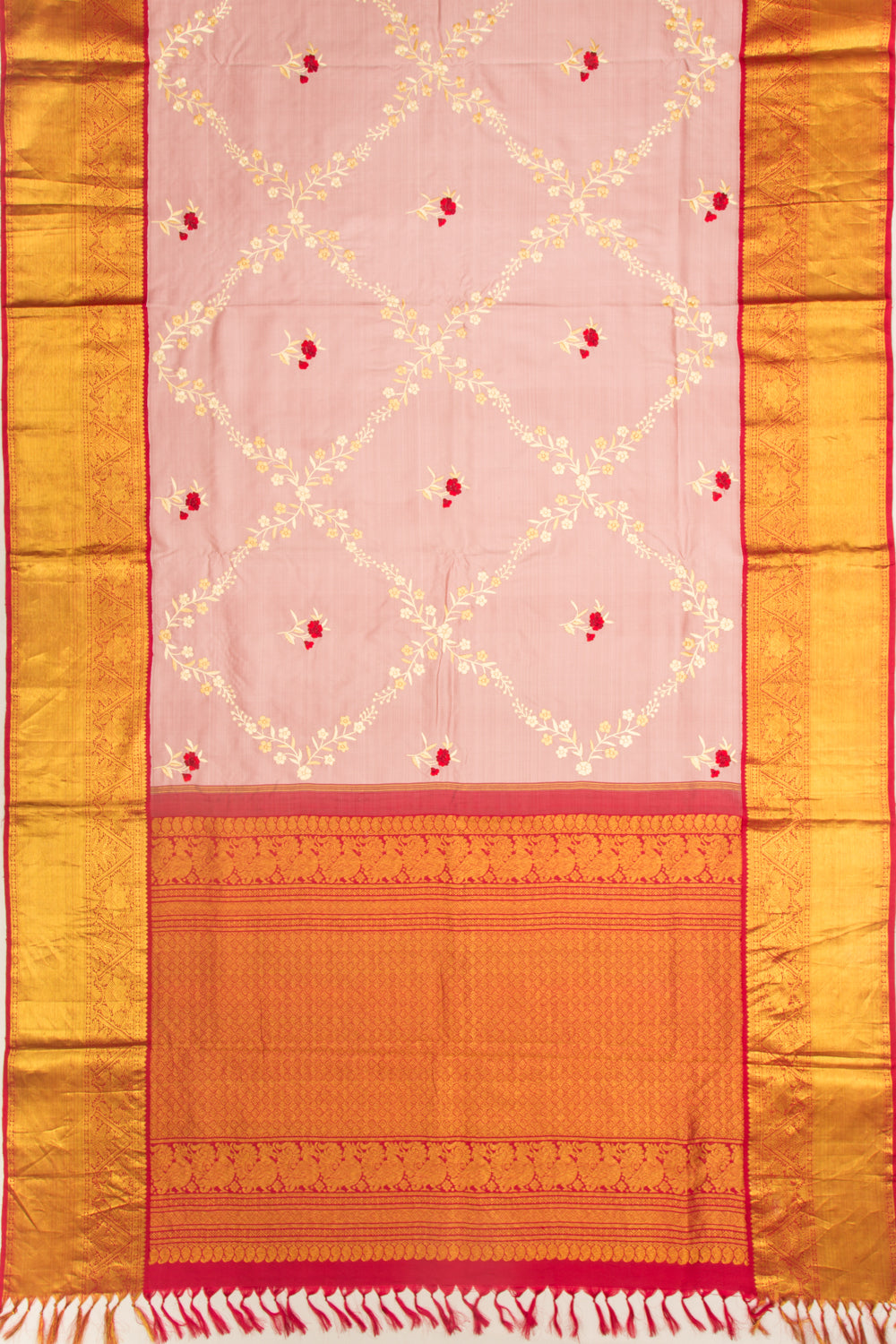 Kanchipuram Silk Parsi Gara Embroidery Baby Pink Saree