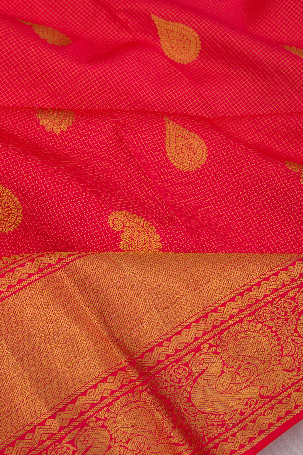 Kanchipuram Silk Checks And Butta Pink Saree