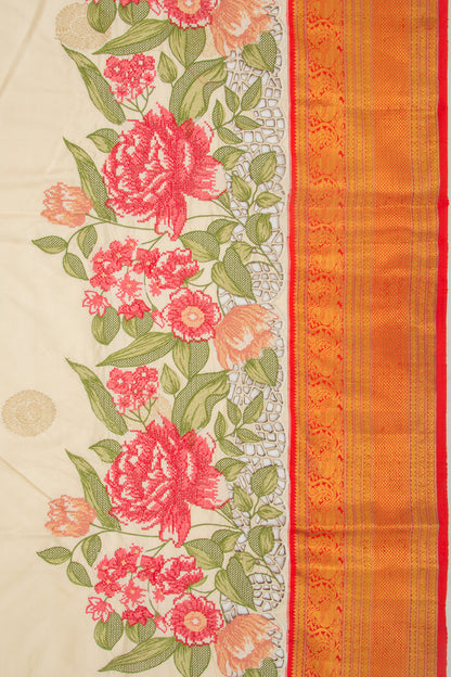 Kanchipuram Silk Butta Cream Saree With Embroidery Border