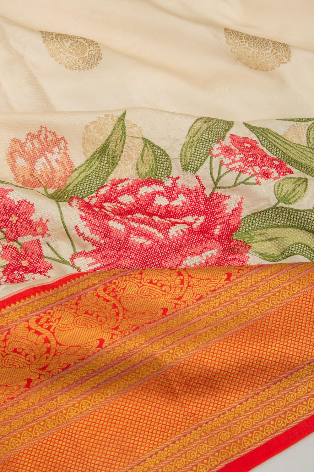 Kanchipuram Silk Butta Cream Saree With Embroidery Border