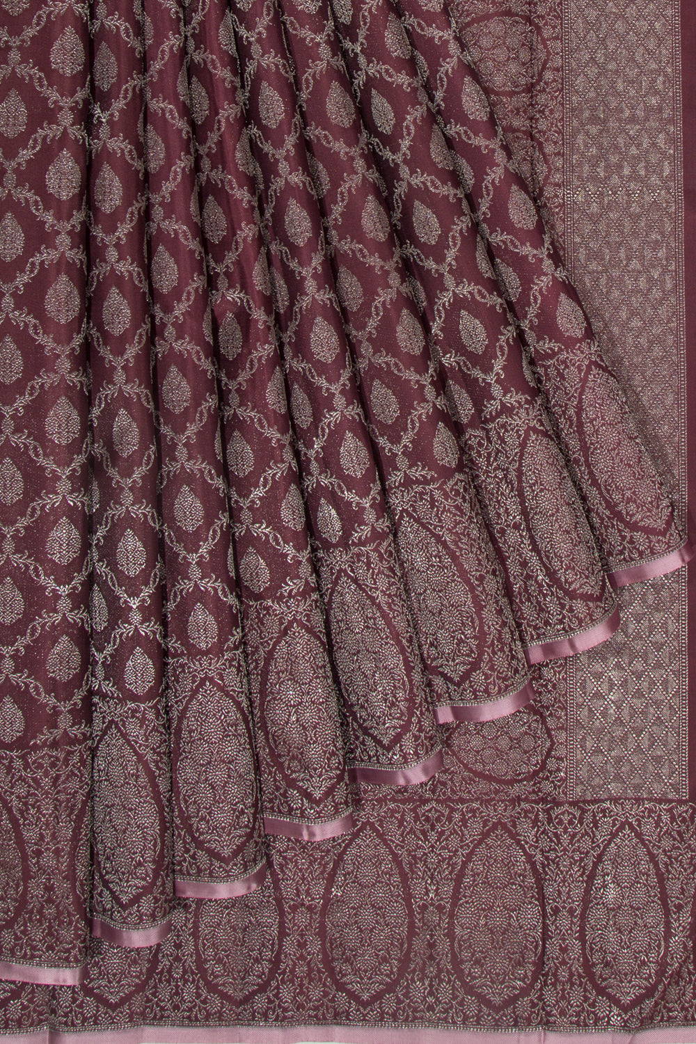 Kanchipuram Silk Tissue Criss-Cross Checks And Butta Choco Brown Saree