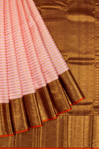 Kanchipuram Silk Horizontal Lines Peach Saree