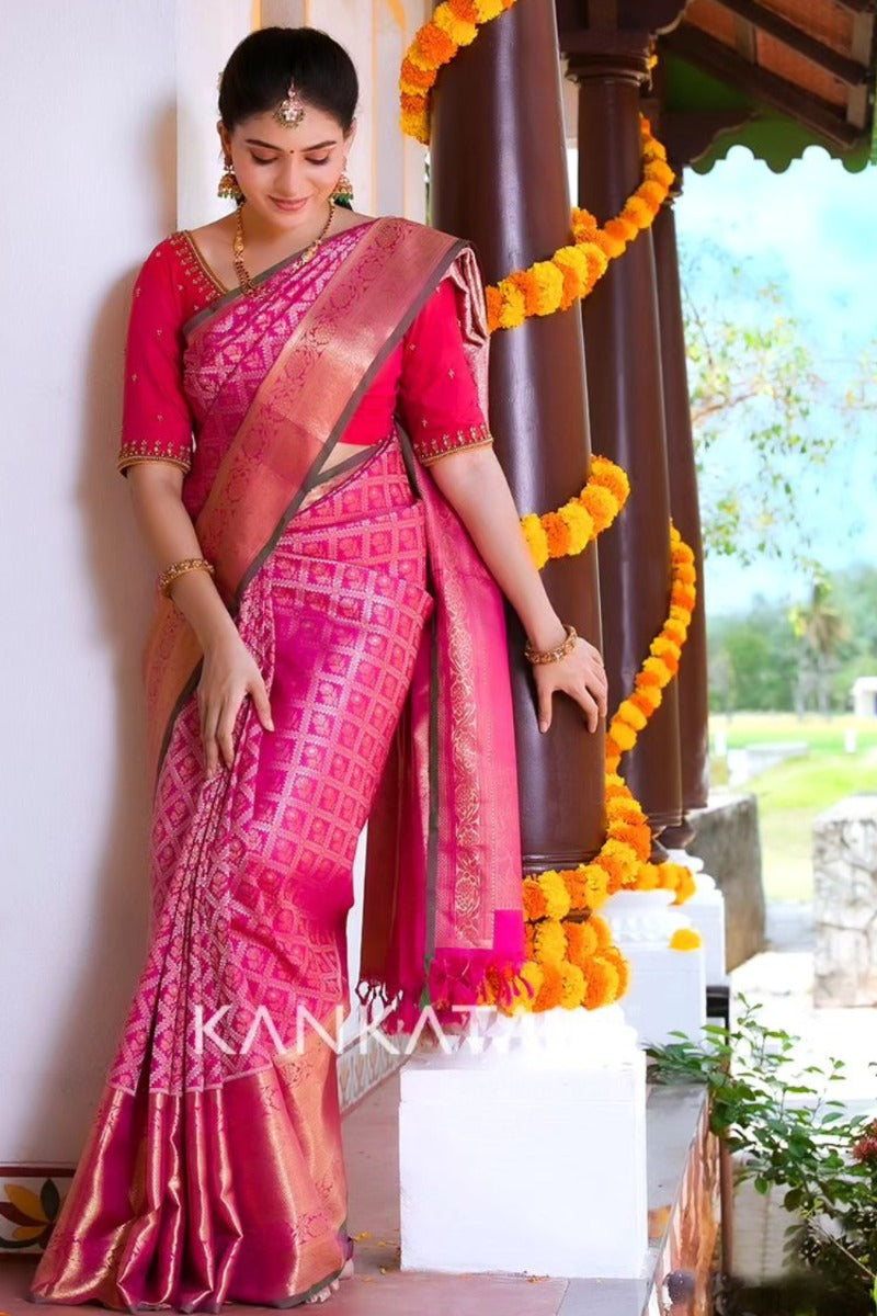 Kanchipuram Silk Checks And Butta Pink Saree
