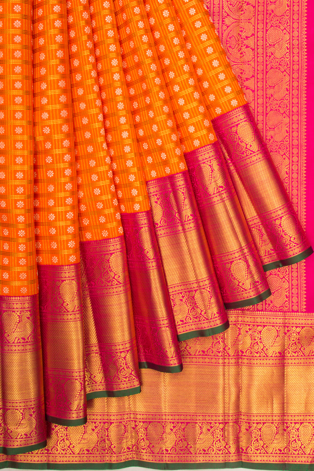 Kanchipuram Silk Checks And Butta Orange Saree