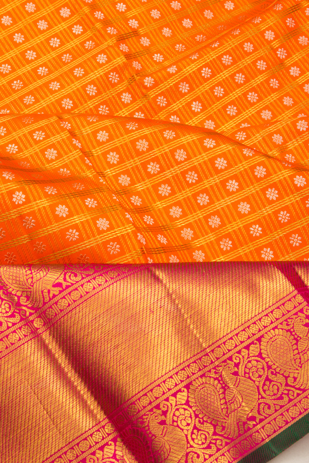 Kanchipuram Silk Checks And Butta Orange Saree