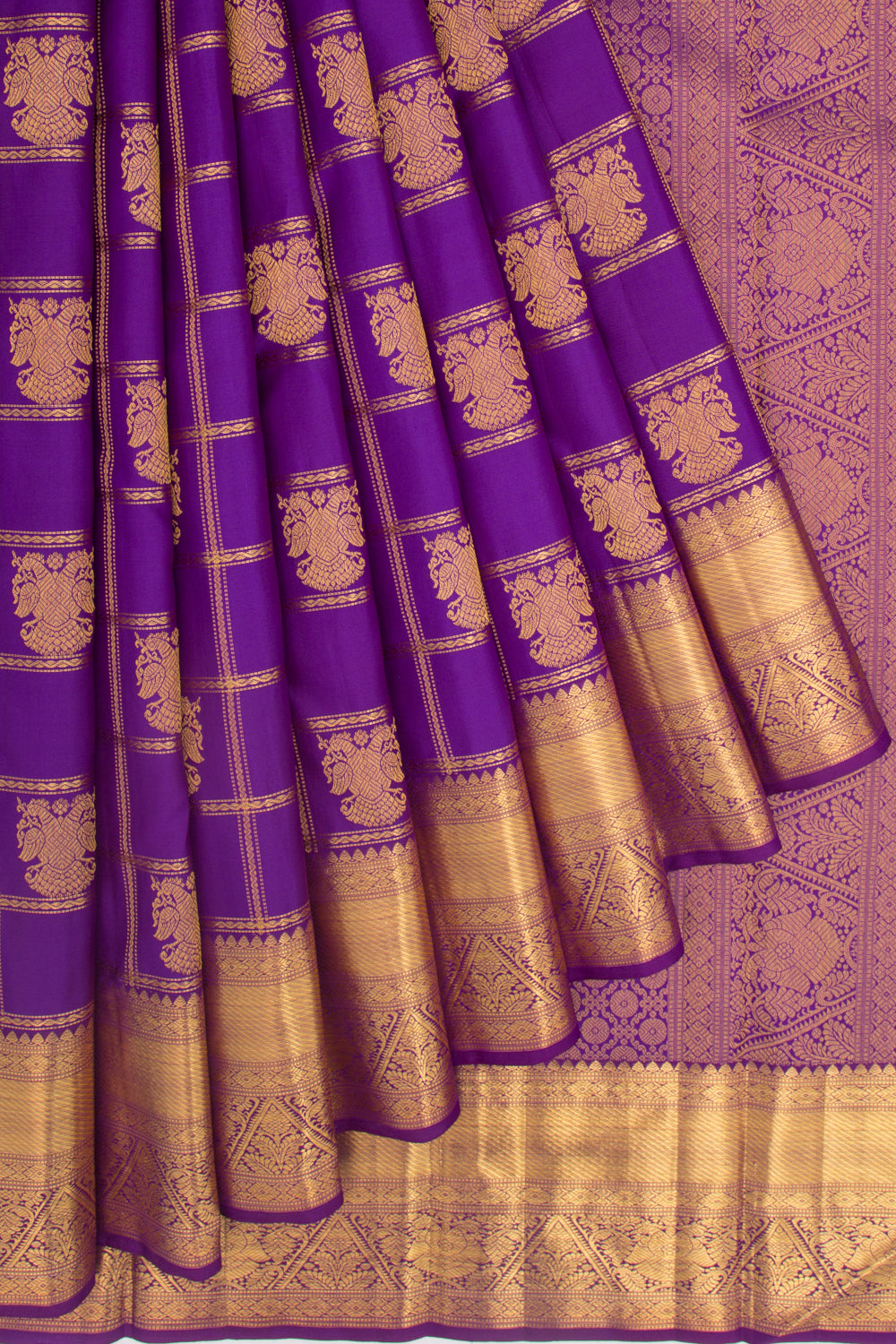 Kanchipuram Silk Checks And Butta Violet Saree