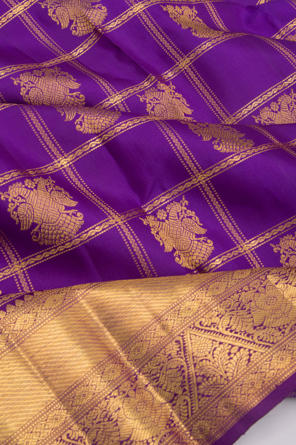 Kanchipuram Silk Checks And Butta Violet Saree