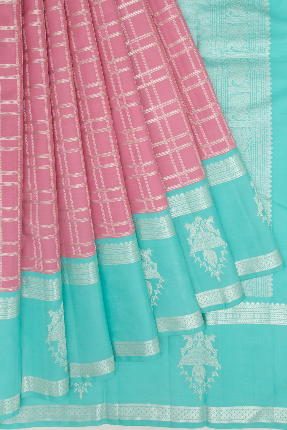 Kanchipuram Silk Checks Peach Saree