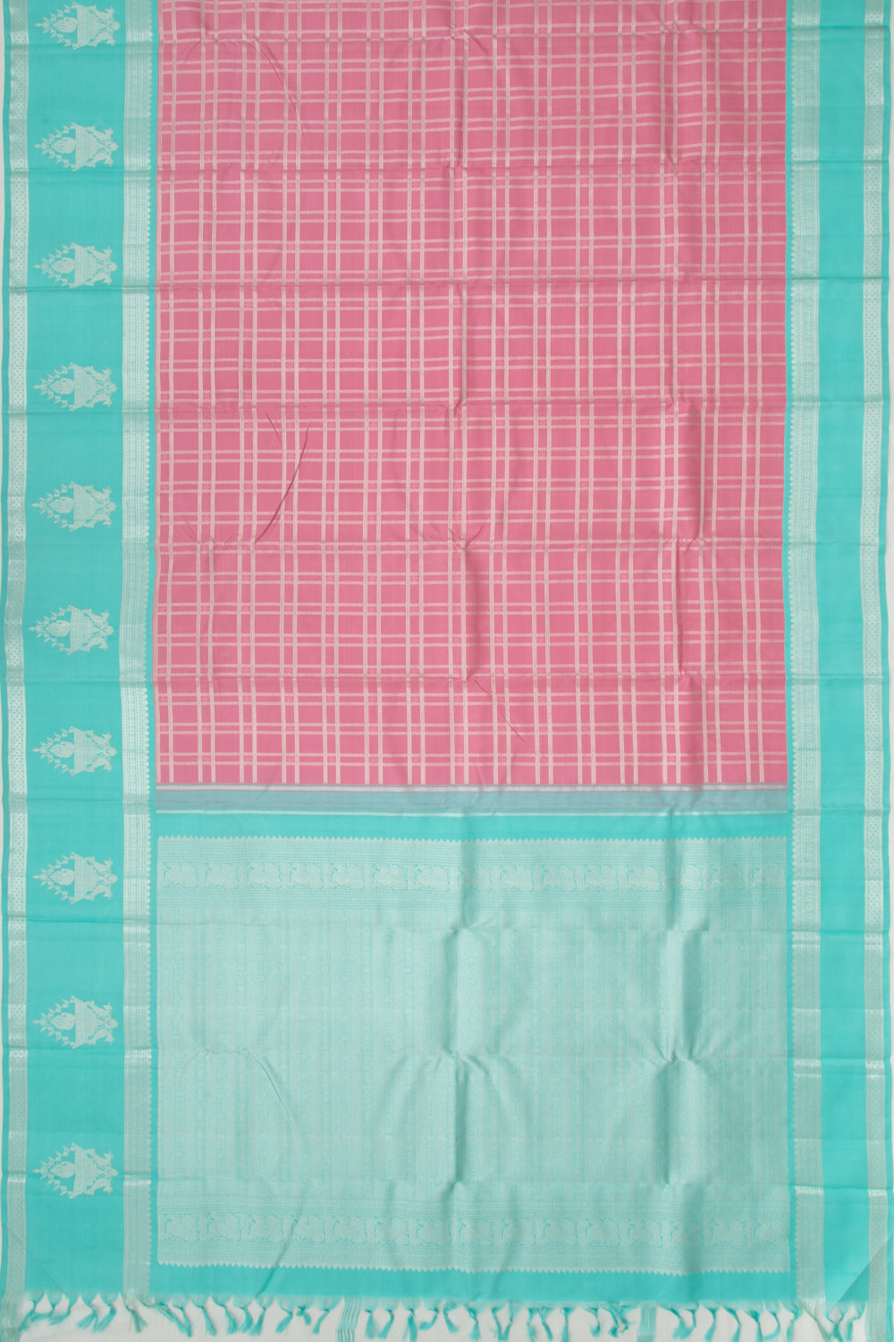 Kanchipuram Silk Checks Peach Saree