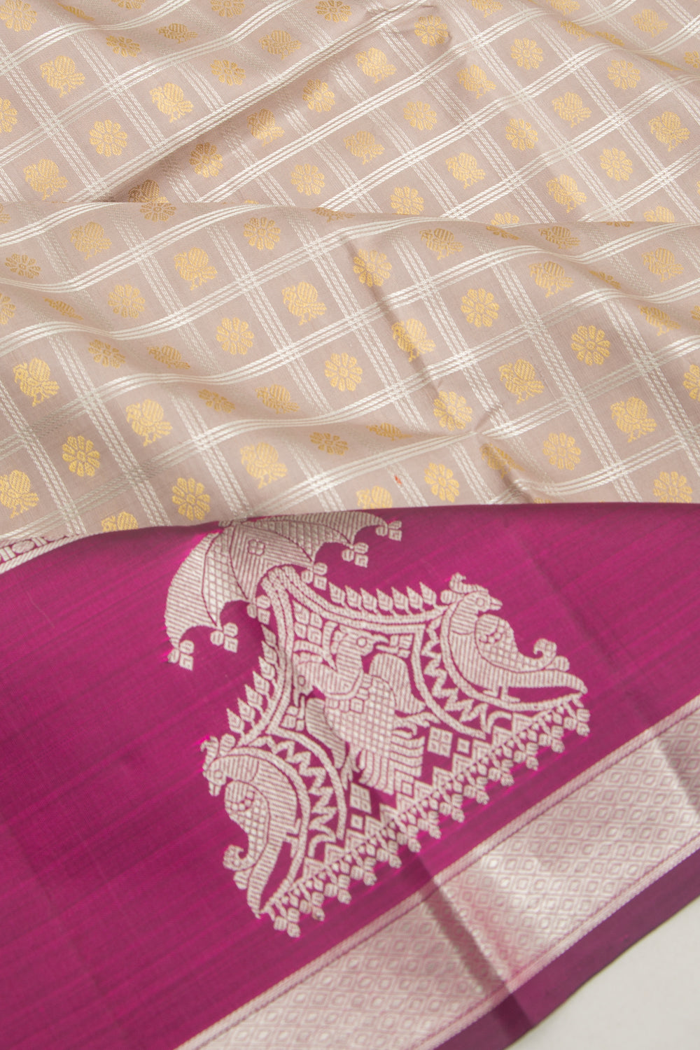 Kanchipuram Silk Checks And Butta Grey Saree