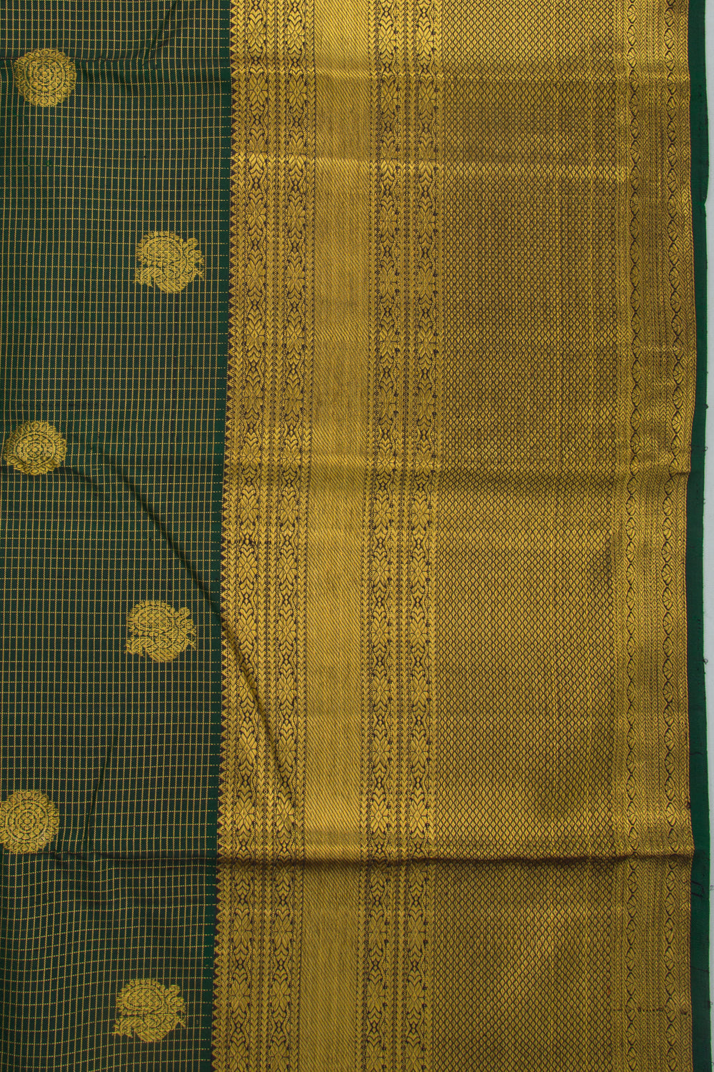 Kanchipuram Silk Checks And Butta Dark Green Saree