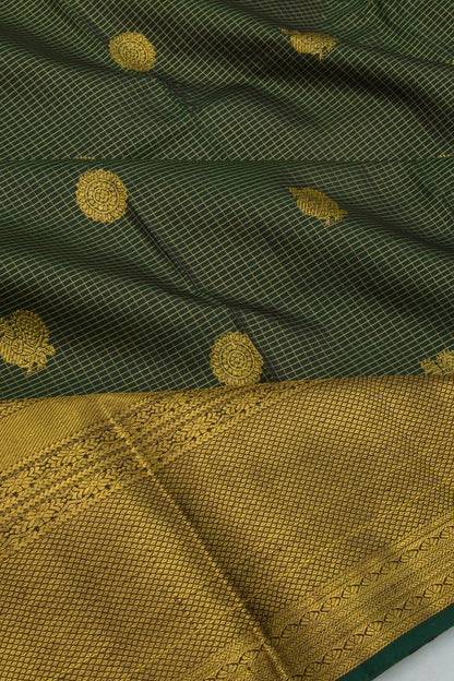 Kanchipuram Silk Checks And Butta Dark Green Saree