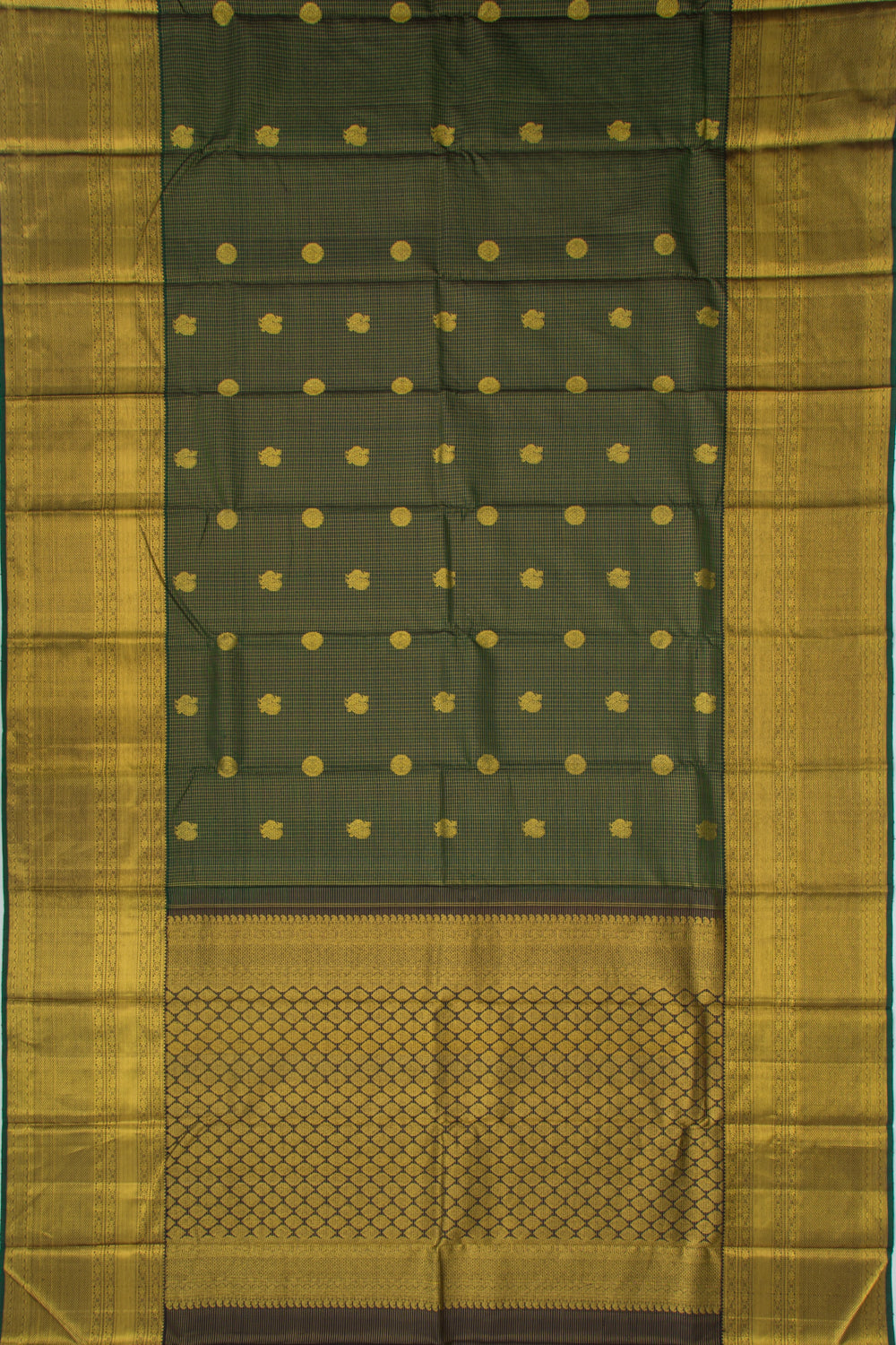 Kanchipuram Silk Checks And Butta Dark Green Saree