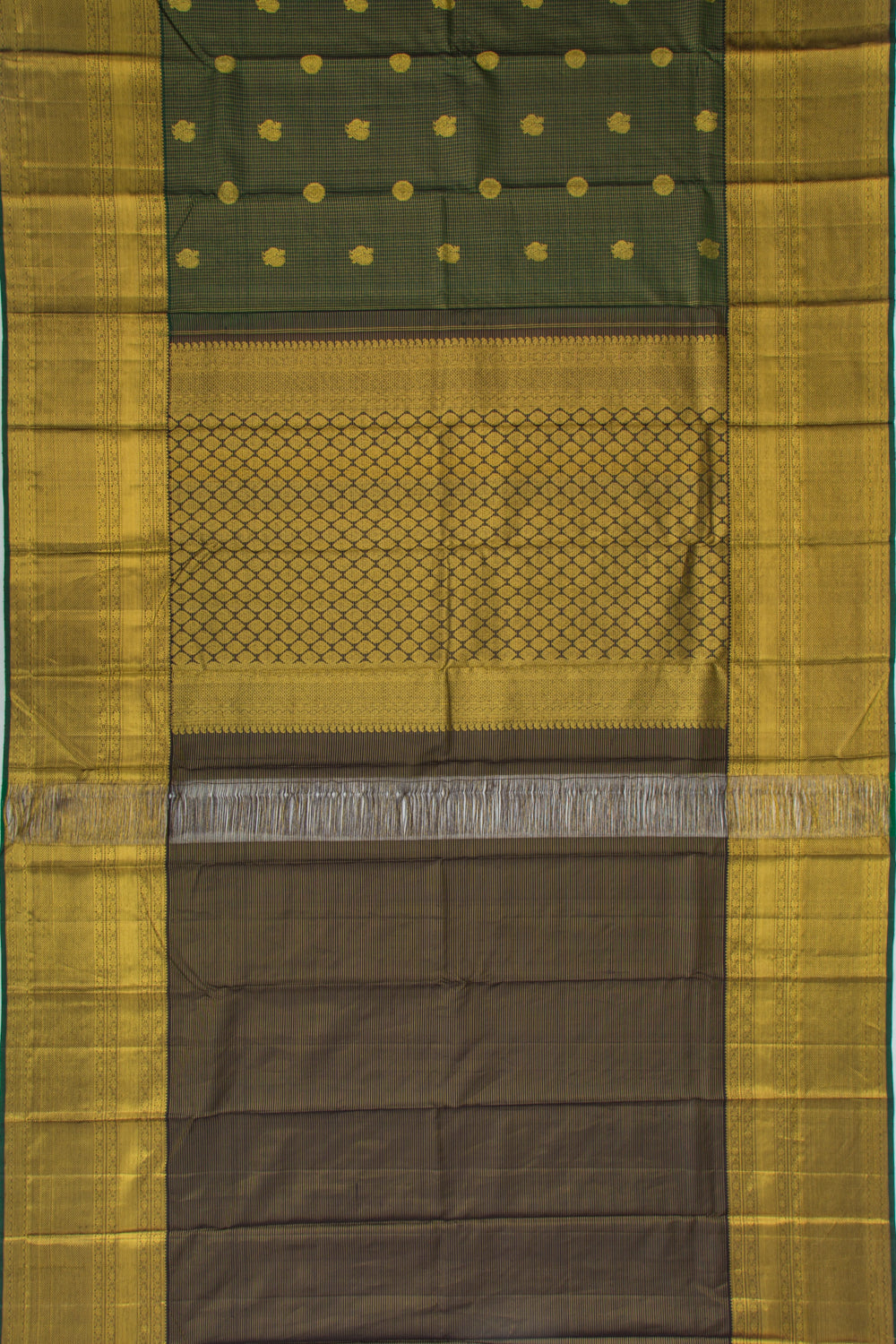 Kanchipuram Silk Checks And Butta Dark Green Saree