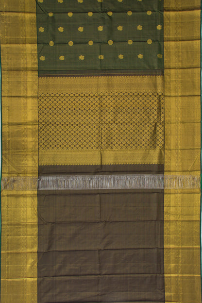 Kanchipuram Silk Checks And Butta Dark Green Saree