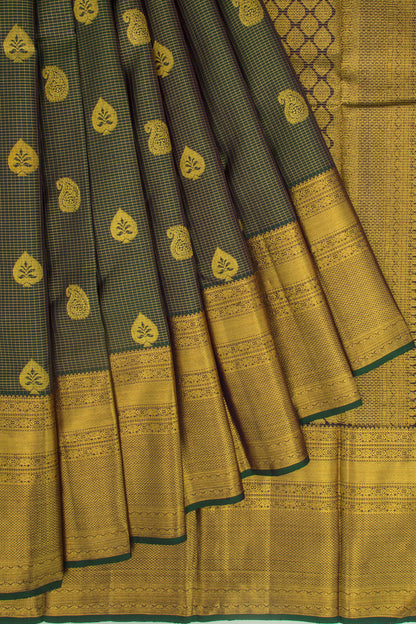 Kanchipuram Silk Checks And Butta Dark Green Saree