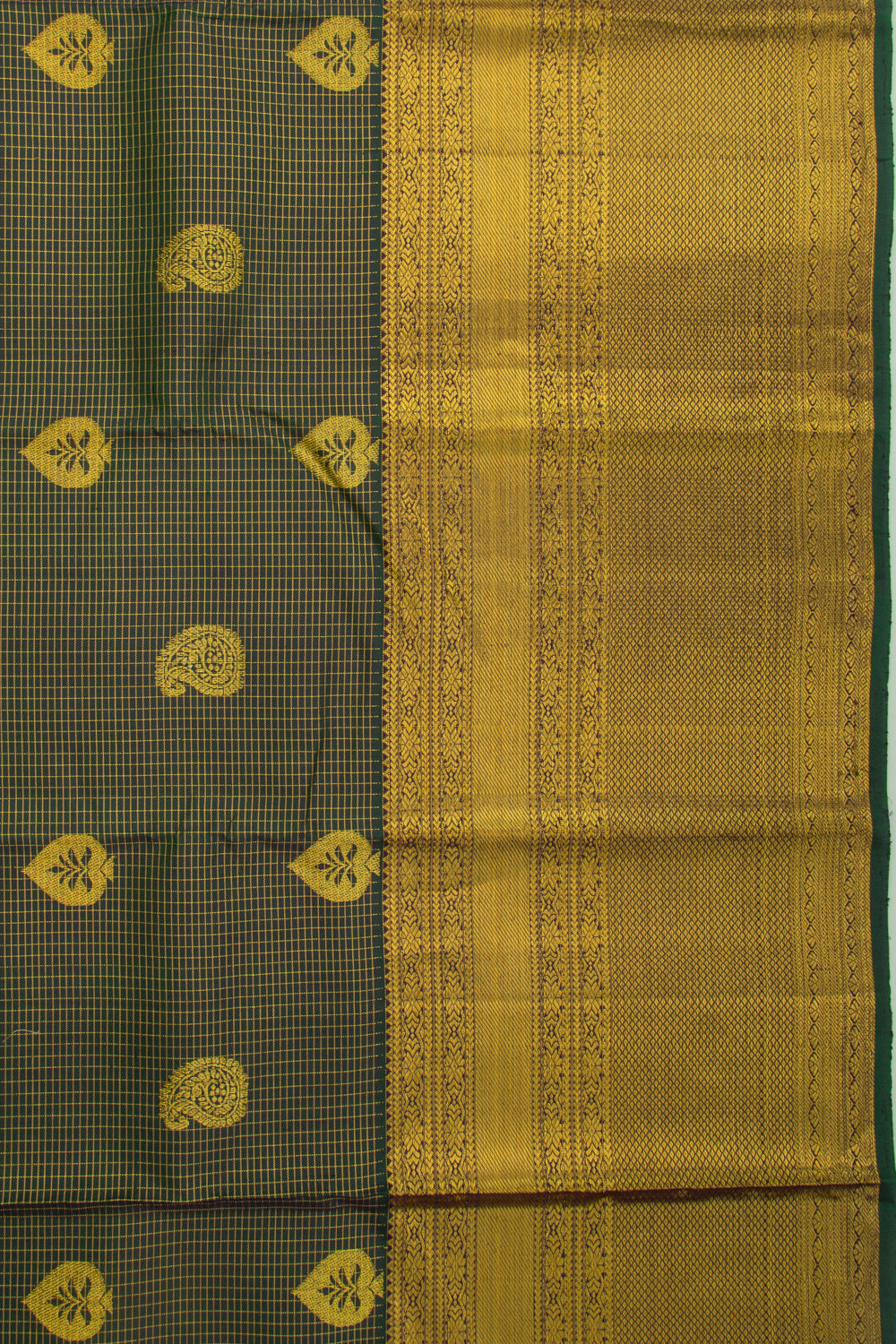 Kanchipuram Silk Checks And Butta Dark Green Saree