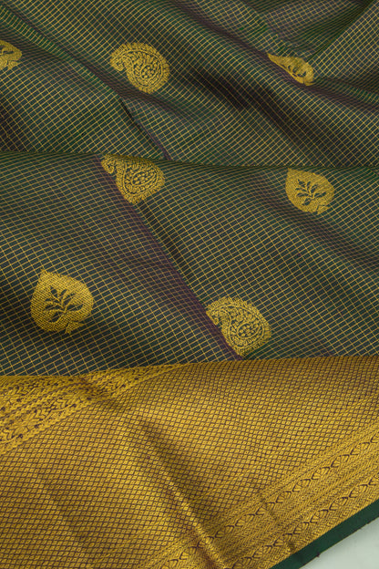 Kanchipuram Silk Checks And Butta Dark Green Saree