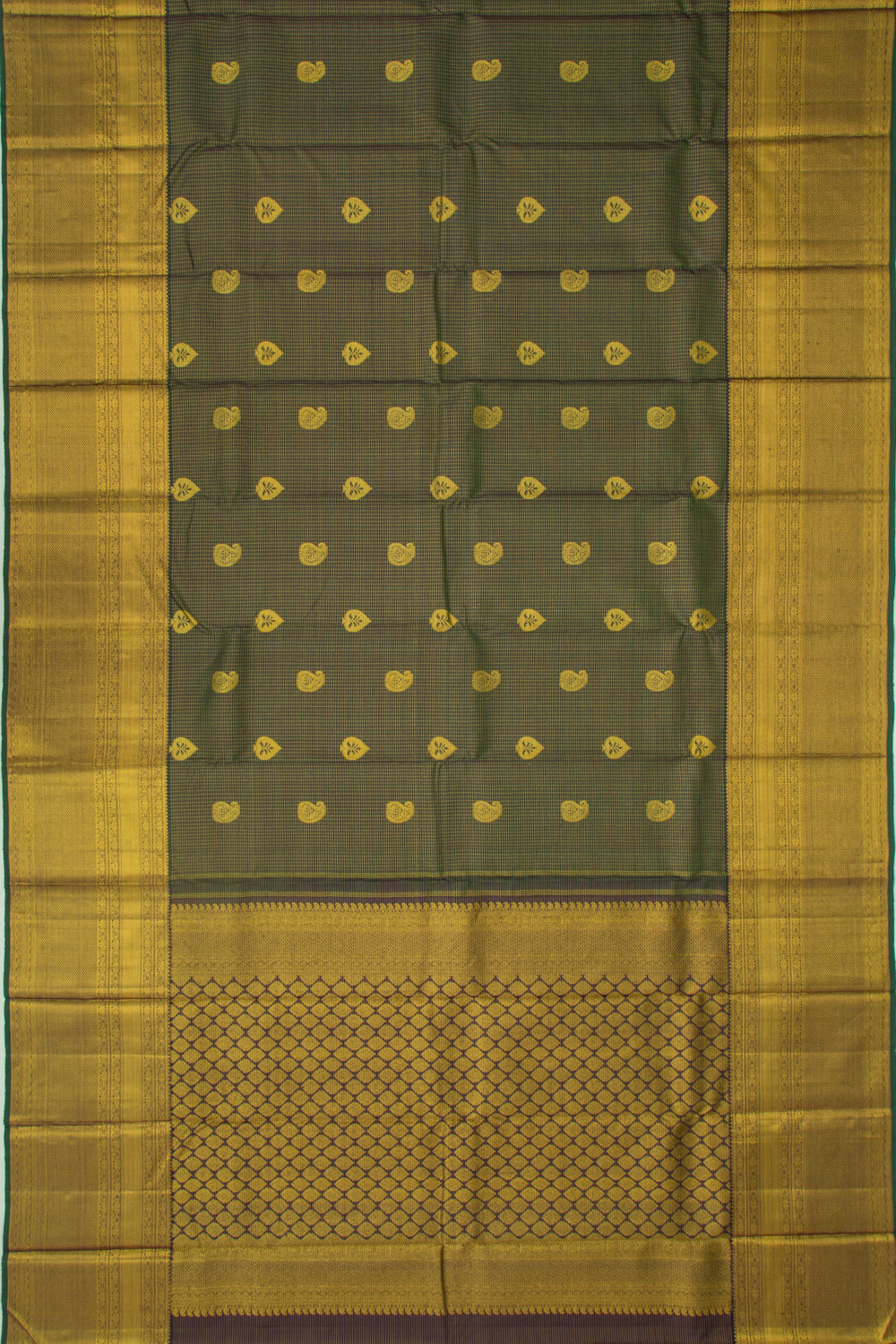 Kanchipuram Silk Checks And Butta Dark Green Saree