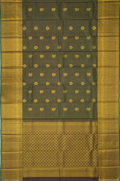 Kanchipuram Silk Checks And Butta Dark Green Saree