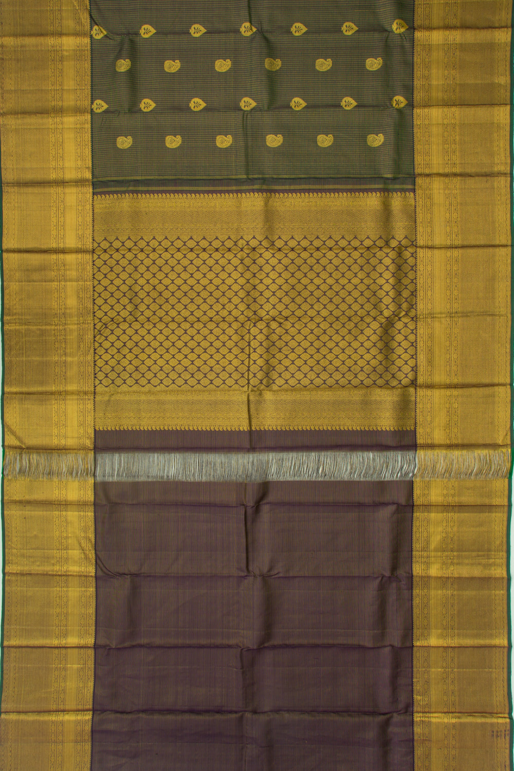 Kanchipuram Silk Checks And Butta Dark Green Saree