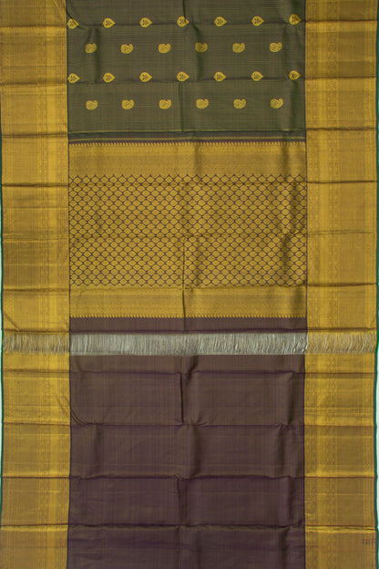 Kanchipuram Silk Checks And Butta Dark Green Saree