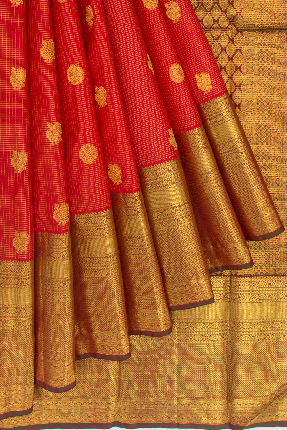 Kanchipuram Silk Checks And Butta Red Saree