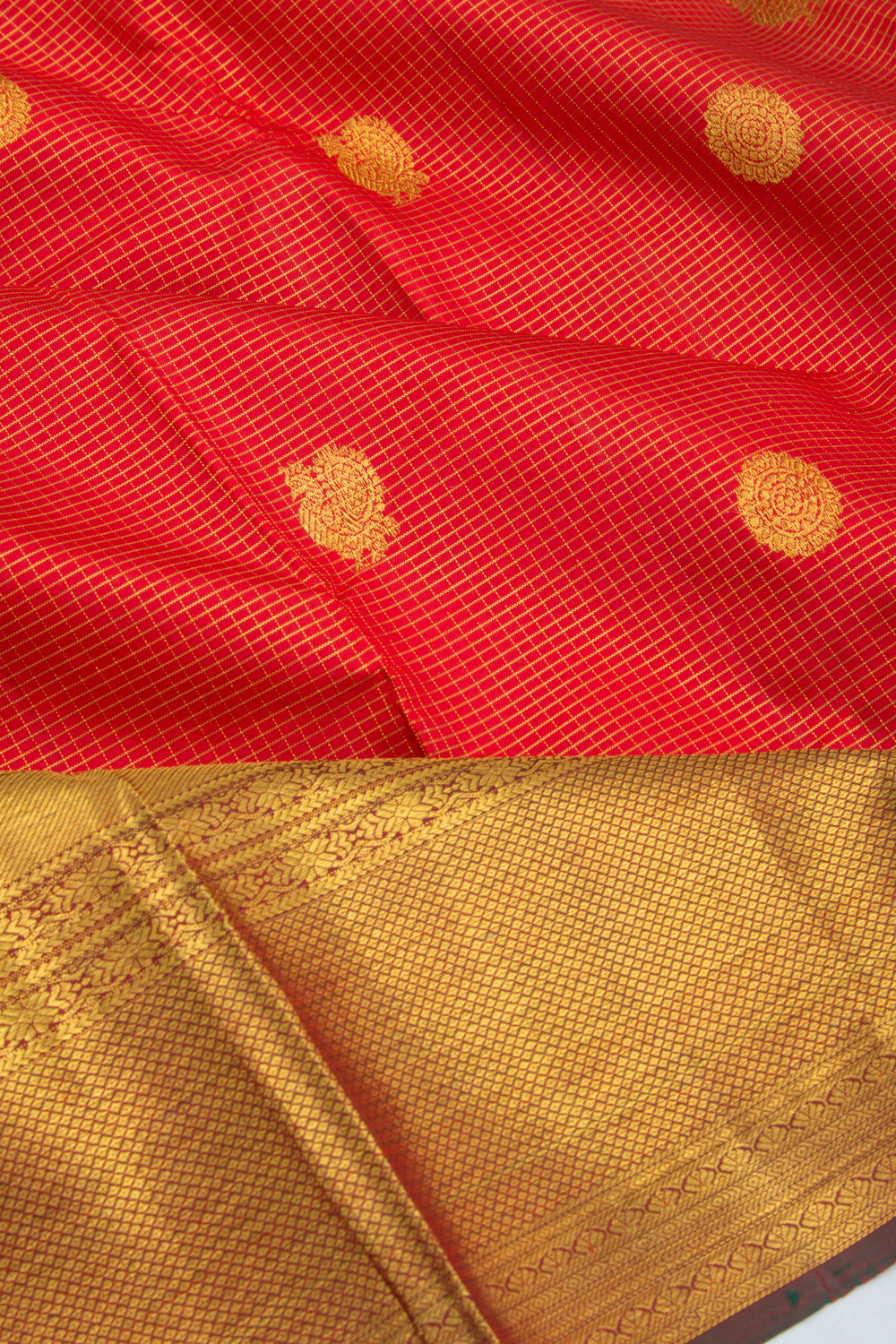 Kanchipuram Silk Checks And Butta Red Saree
