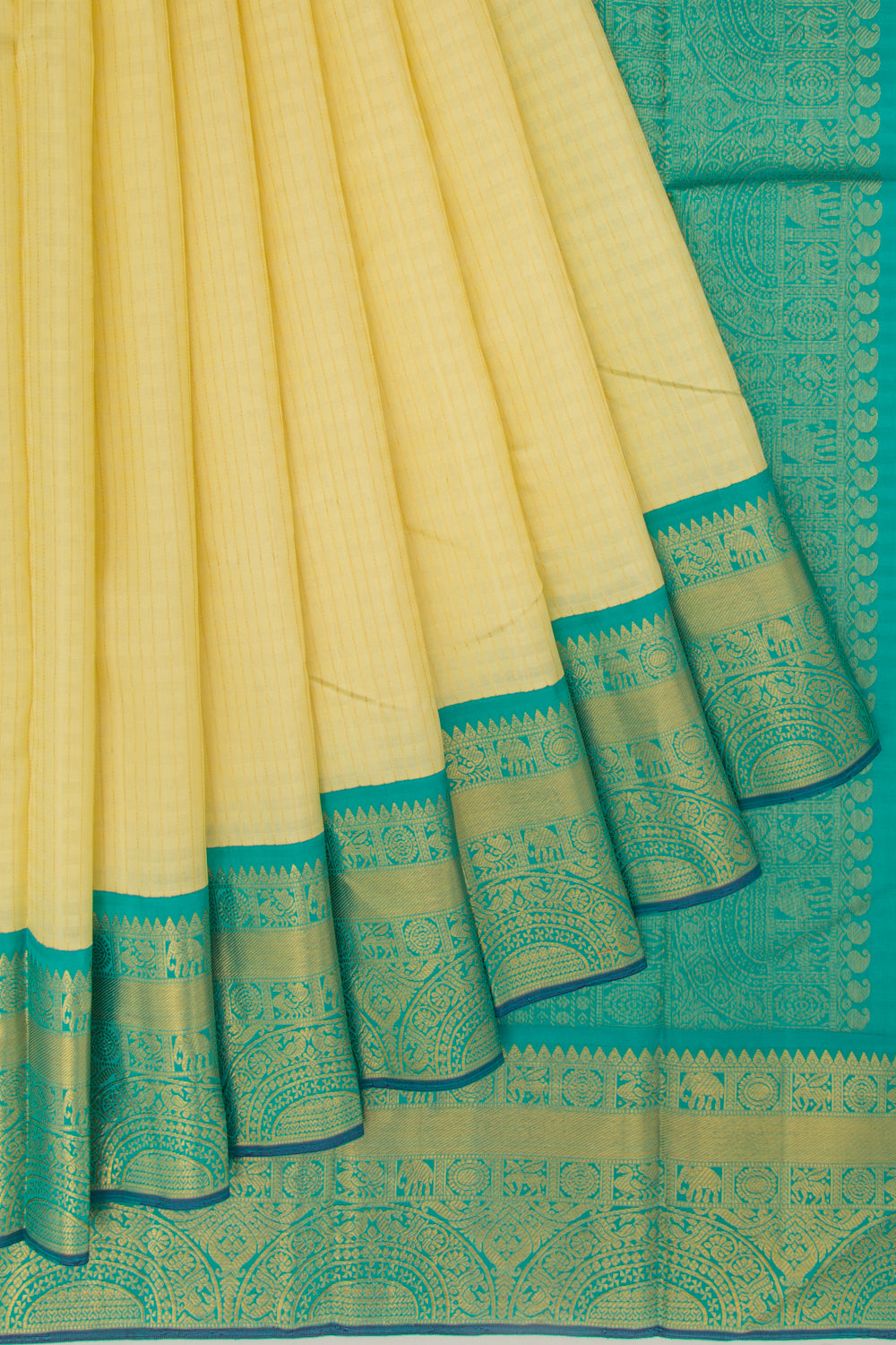 Kanchipuram Silk Vertical Lines Pale Yellow Saree