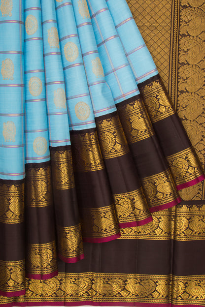 Kanchipuram Silk Checks And Butta Sky Blue Saree