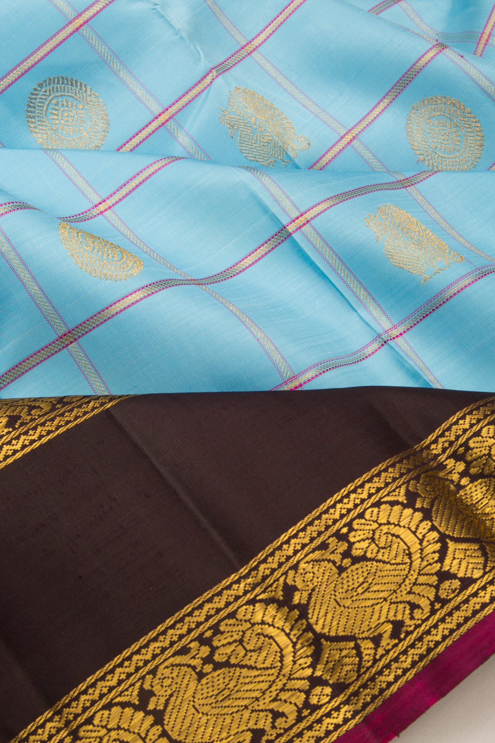 Kanchipuram Silk Checks And Butta Sky Blue Saree