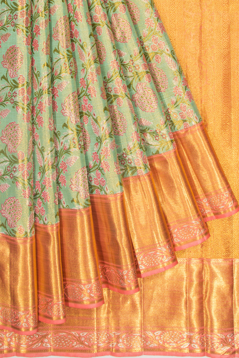 Kanchipuram Silk Tissue Jaal Pastel Green Saree
