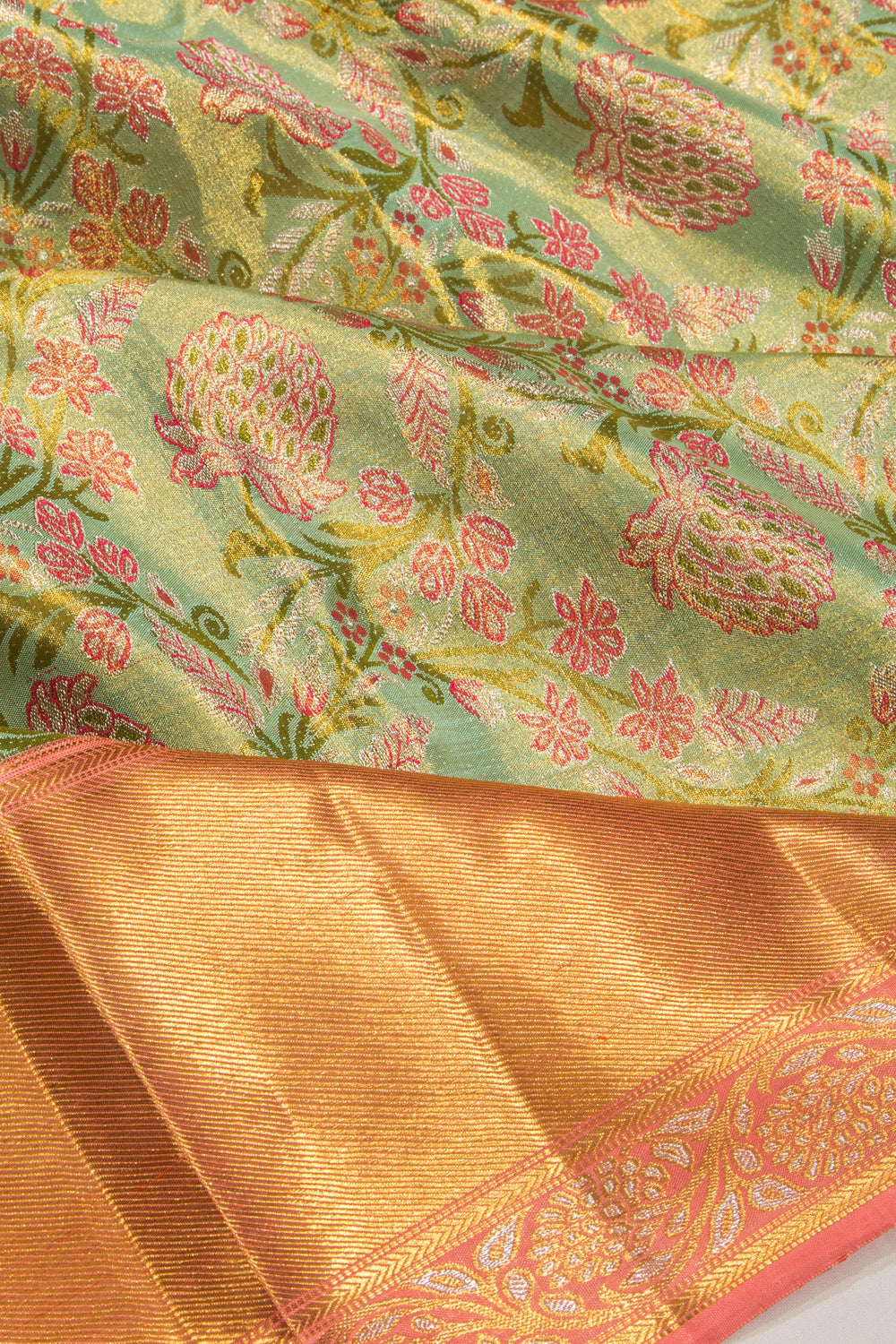 Kanchipuram Silk Tissue Jaal Pastel Green Saree