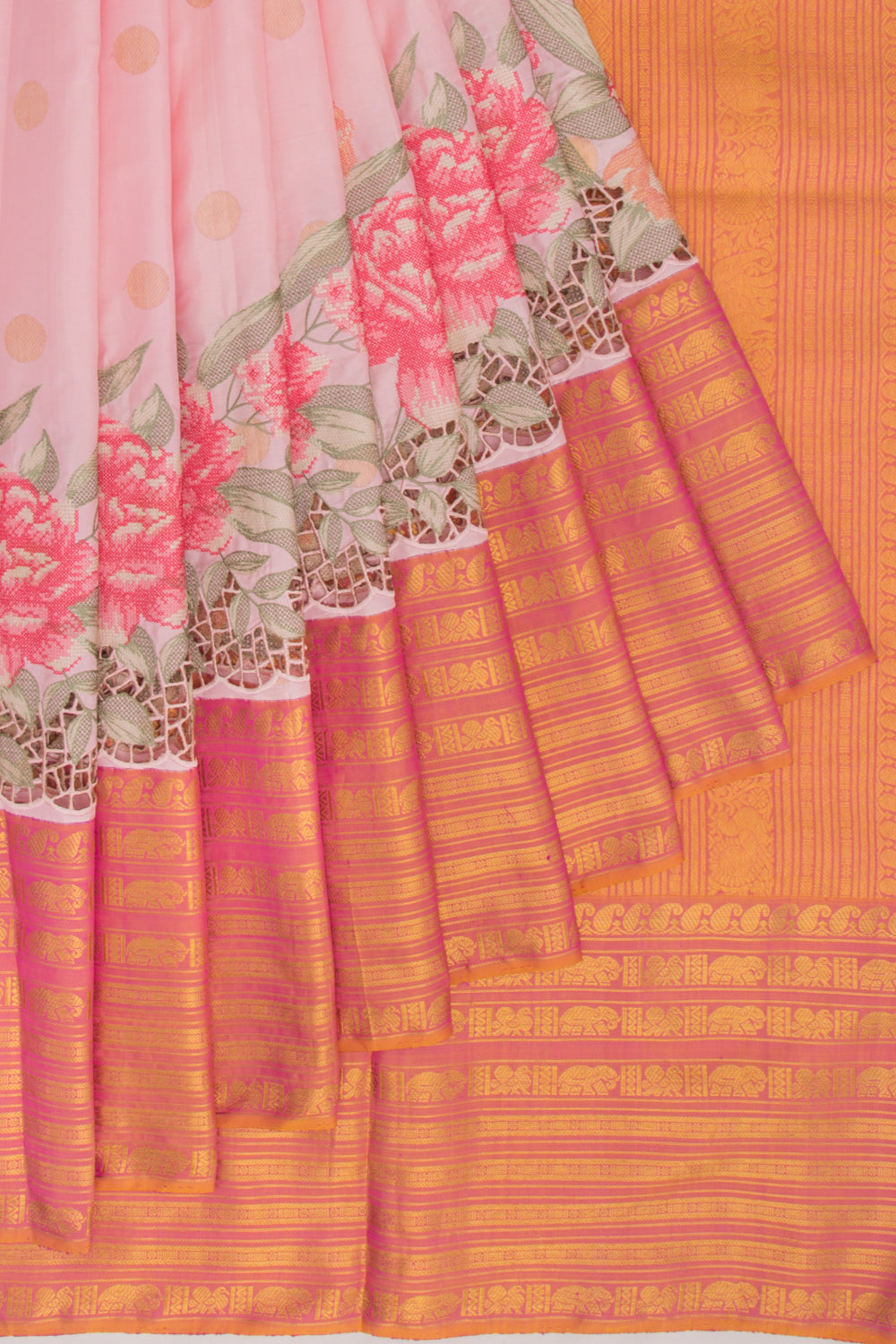 Kanchipuram Silk Butta Baby Pink Saree WIth Cut Work