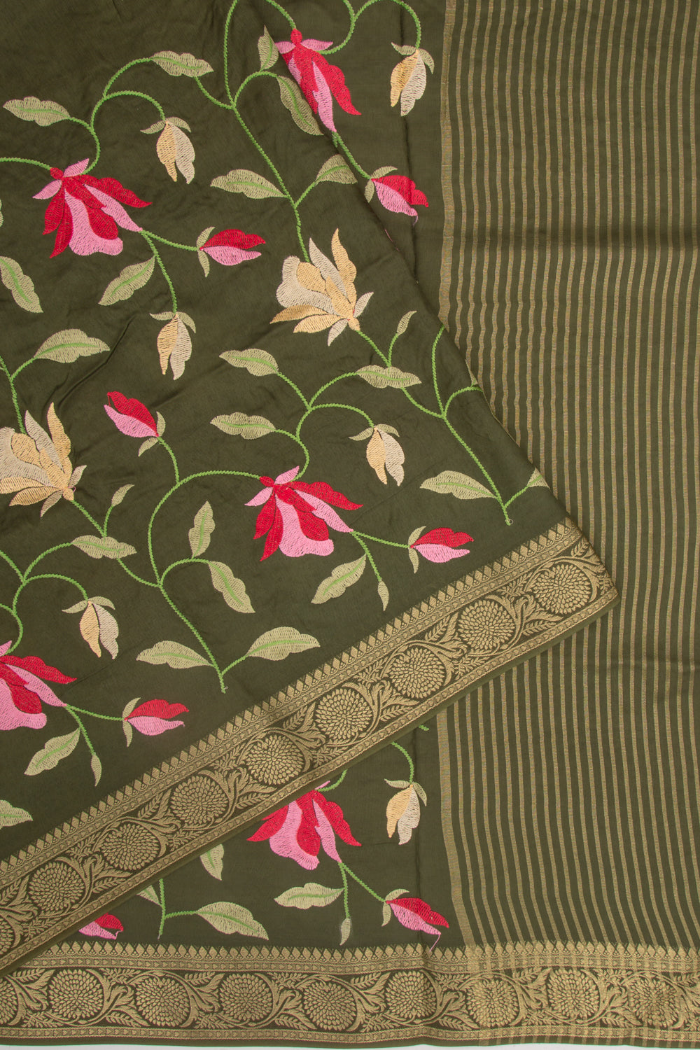 Chiniya Silk Floral Embroidery Green Saree