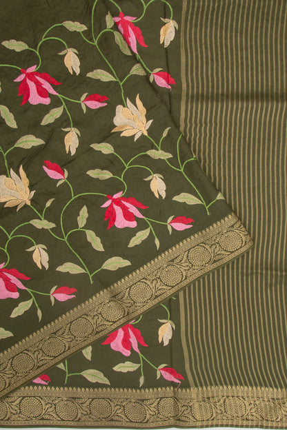 Chiniya Silk Floral Embroidery Green Saree