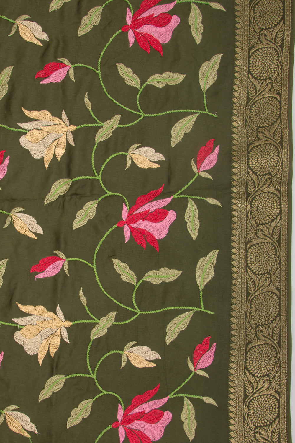 Chiniya Silk Floral Embroidery Green Saree