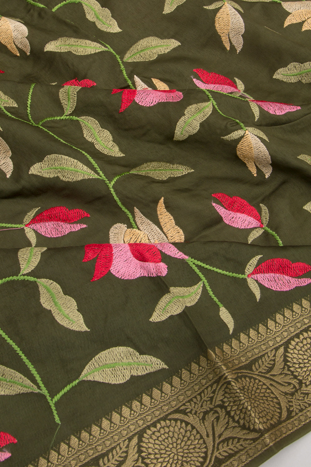 Chiniya Silk Floral Embroidery Green Saree