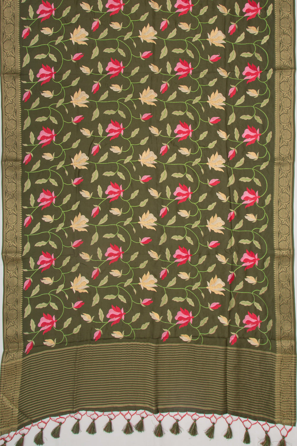 Chiniya Silk Floral Embroidery Green Saree