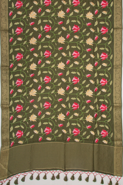 Chiniya Silk Floral Embroidery Green Saree