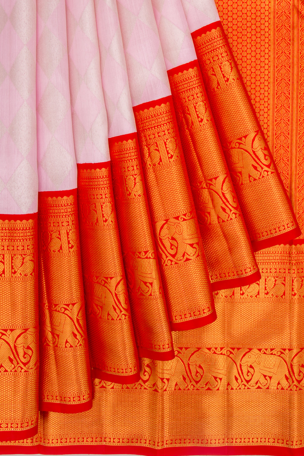Kanchipuram Silk Geometrical Brocade Baby Pink Saree