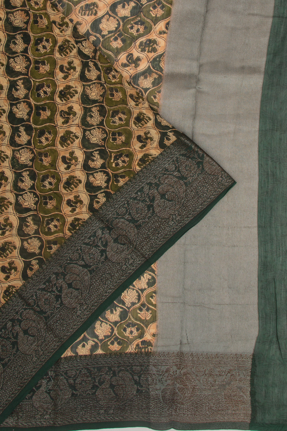 Chanderi Cotton Printed Green And Cream Saree