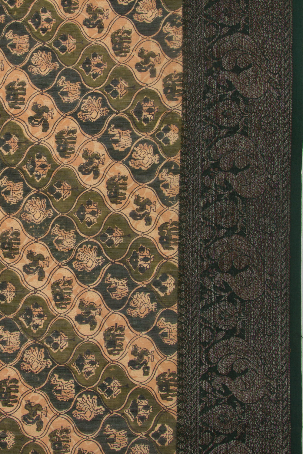 Chanderi Cotton Printed Green And Cream Saree