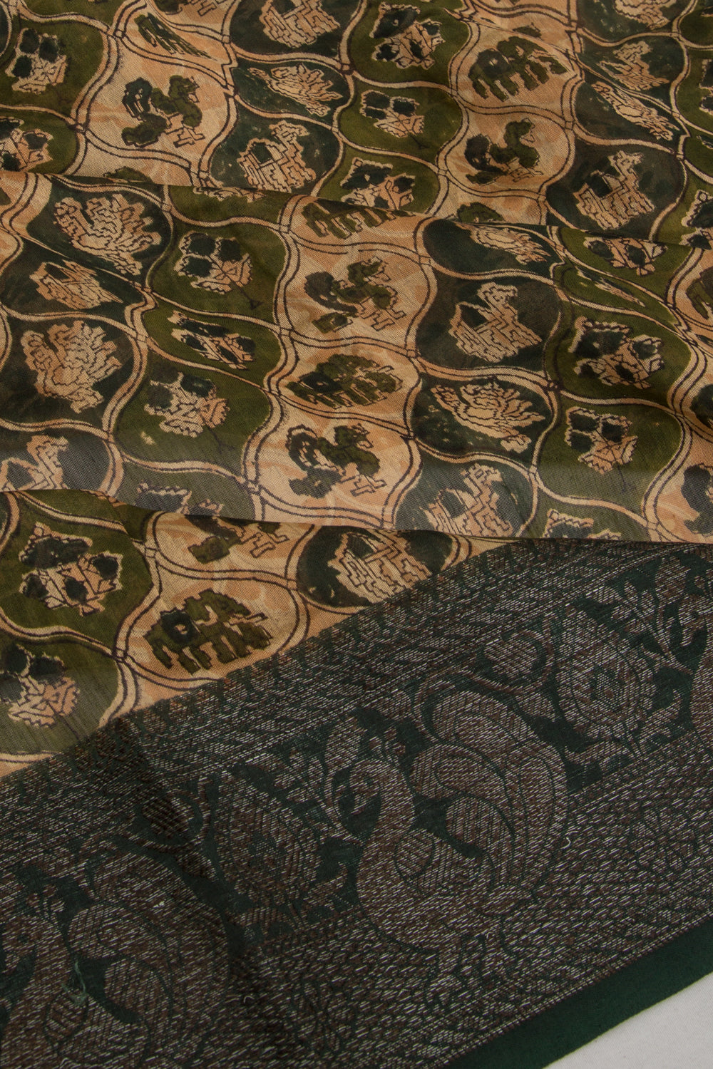 Chanderi Cotton Printed Green And Cream Saree